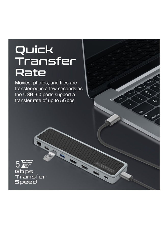 بروميت محور USB-C 13 في 1 متعدد الشاشات مع منفذ عرض مزدوج 4K HDMI 4K 1000Mbps LAN 100W توصيل الطاقة Aux SD TF فتحة بطاقة USB 3.0 أسود أسود - Image 5