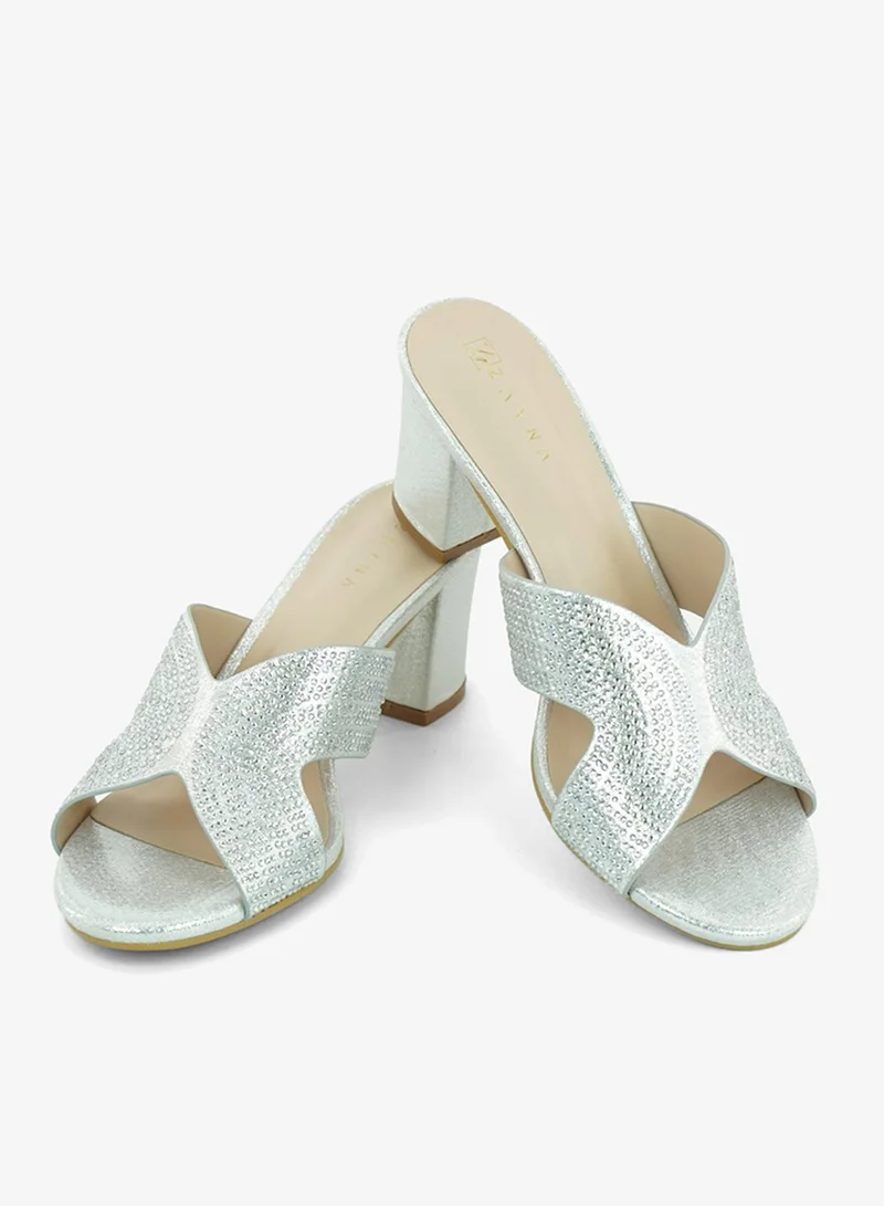ZAYNA 221-292 Zayna Ladies Classic High block heel Slides 2G5957-2450 Silver