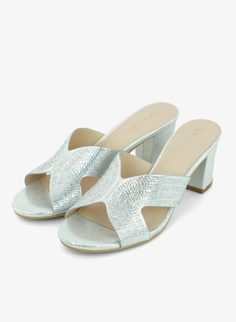 Zayna Silver 221-292 Zayna Ladies Classic High block heel Slides 2G5957-2450 Silver for Women | Best Price UAE