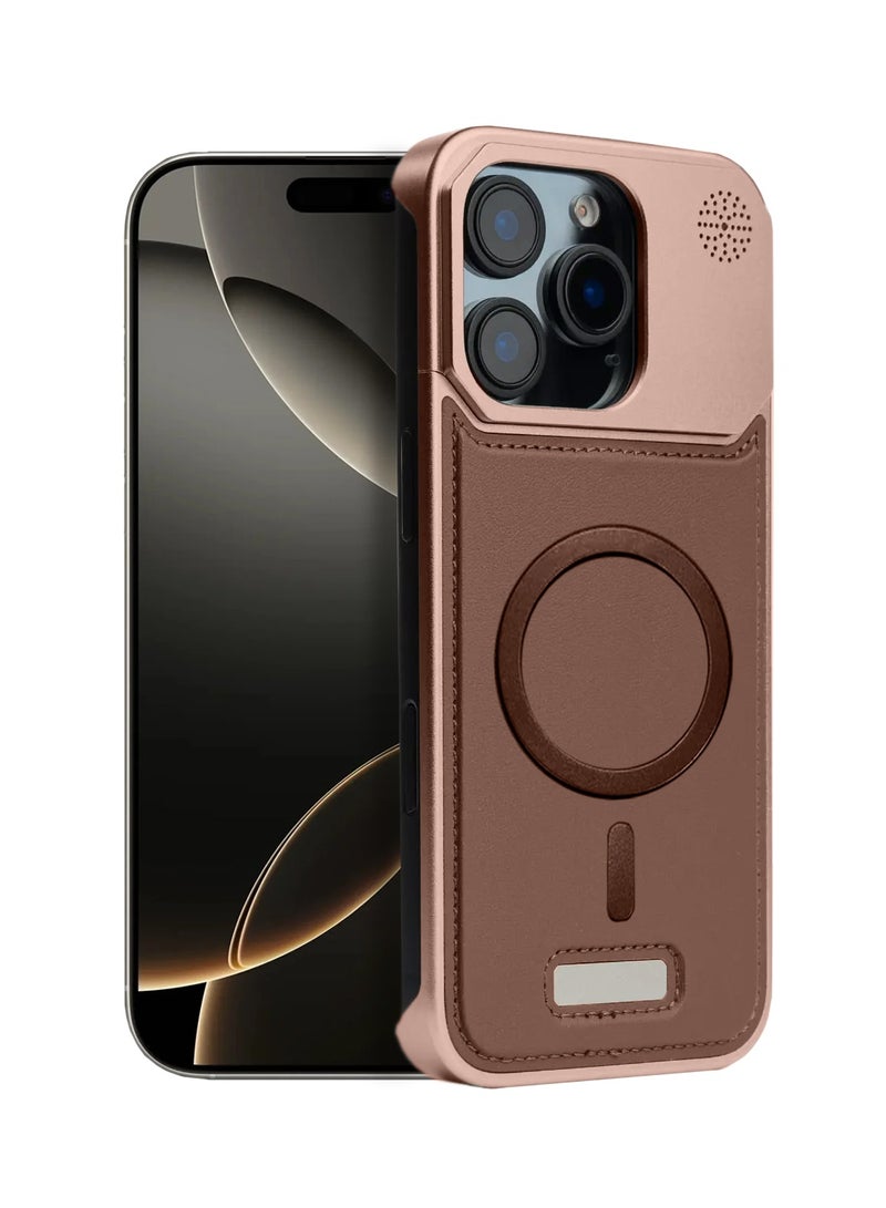 Wtech Apple iPhone 16 Pro 5G 2024 Metal Frameless Case Metallic Vegan Leather Magsafe Support Hard Case Cover (MCMPMN) - Brown - Image 1