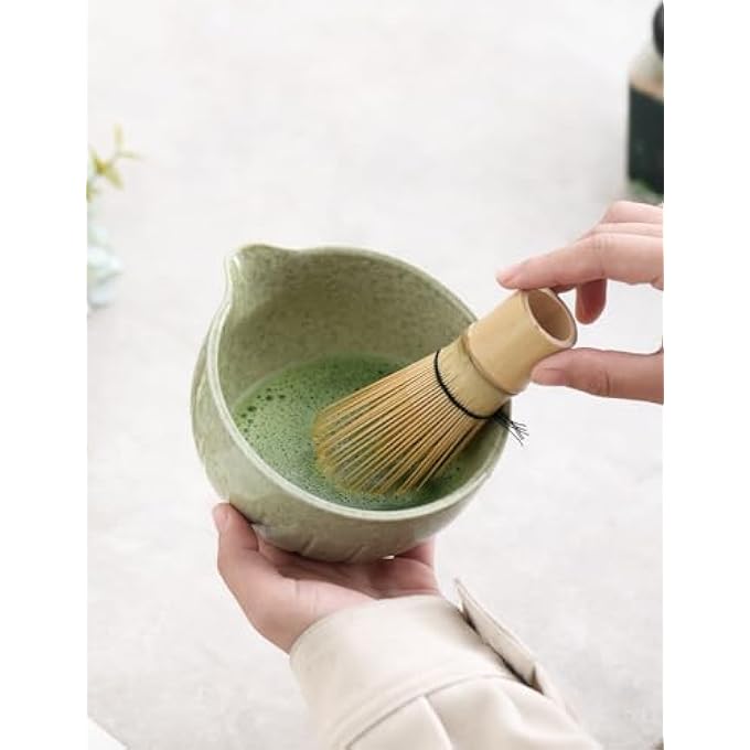 TANG PIN مجموعة ماتشا، وعاء ثقاب مع فوهة وخفاقة، حامل مغرفة ماتشا، حامل تشاسن، 4 قطع، مجموعة مثالية لحفل الشاي، أخضر مرقط - Image 5