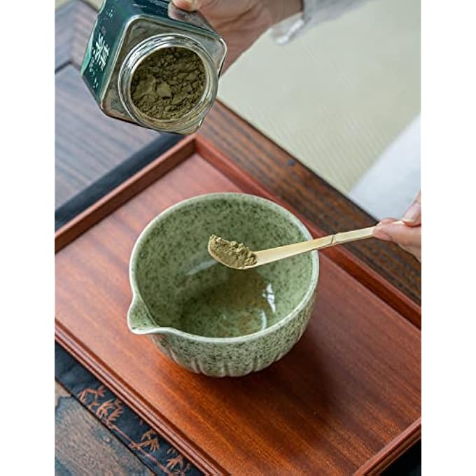 TANG PIN مجموعة ماتشا، وعاء ثقاب مع فوهة وخفاقة، حامل مغرفة ماتشا، حامل تشاسن، 4 قطع، مجموعة مثالية لحفل الشاي، أخضر مرقط - Image 3