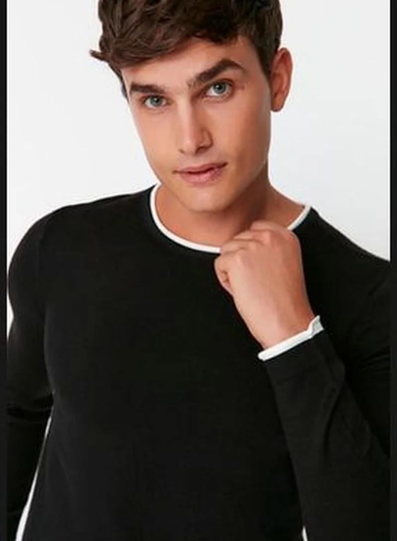 trendyol Black Men's Slim Fit Contrast Collar Pile Sweater TMNAW21KZ2499
