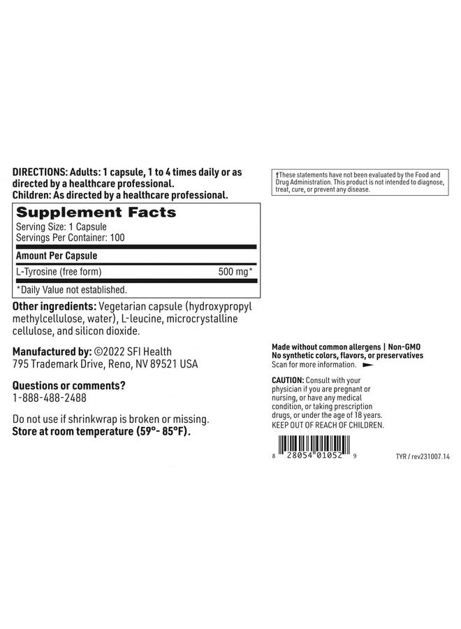 Klaire Labs Klaire Labs L-Tyrosine - 500 Milligrams Hypoallergenic & Free Form Amino Acid Dopamine Precursor, Supports Healthy Stress Response (100 Capsules) - Image 5