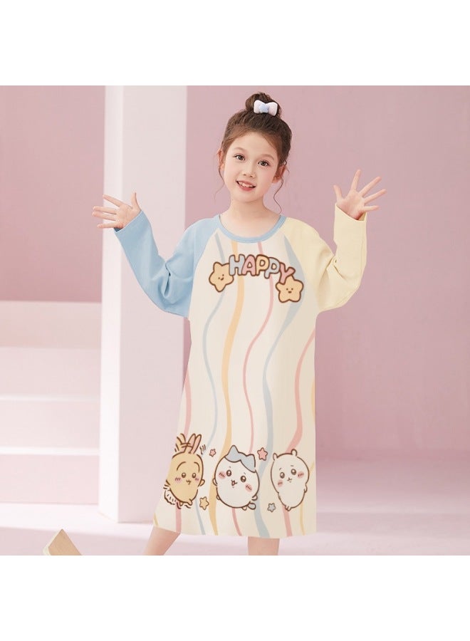 Children's Pure Cotton Nightgown Spring & Fall New Cute Princess Style Round Neck Pajamas Girls Korean Style Loose Long-sleeved Home Clothes