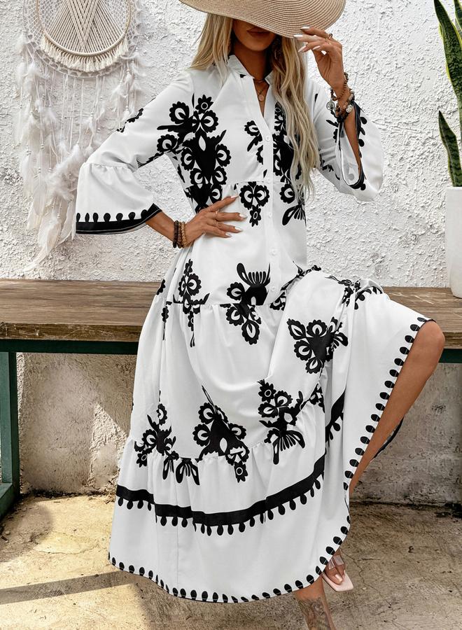 تايك تو فستان طويل مزين بتطريز زهور وحافة كشكش - Image 5