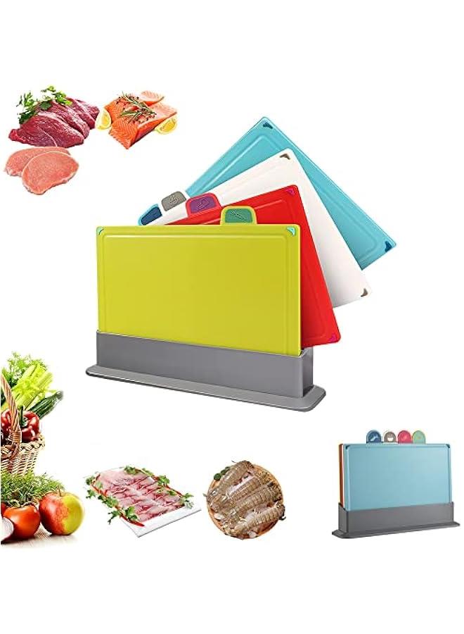 BWSJ Cutting Boards 4 Chopping Board Kit with Drainage Holder Stand Easy Gripped Handle Thick Color Marked Cutting Boards Nonslip Durable Kitchen Food Cutting Mats Set for Meat Fruit Vegetable Fish - Image 1