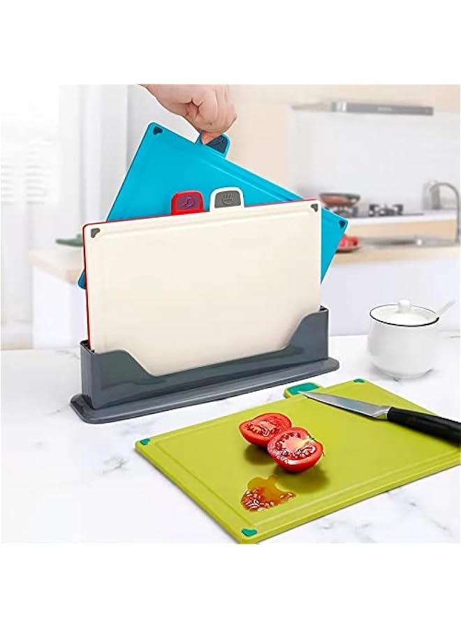 BWSJ Cutting Boards 4 Chopping Board Kit with Drainage Holder Stand Easy Gripped Handle Thick Color Marked Cutting Boards Nonslip Durable Kitchen Food Cutting Mats Set for Meat Fruit Vegetable Fish - Image 2