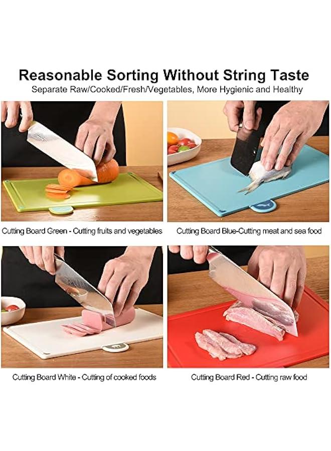 BWSJ Cutting Boards 4 Chopping Board Kit with Drainage Holder Stand Easy Gripped Handle Thick Color Marked Cutting Boards Nonslip Durable Kitchen Food Cutting Mats Set for Meat Fruit Vegetable Fish - Image 3
