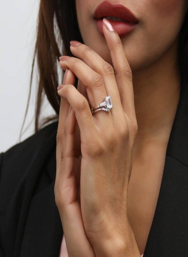 بيركيل طقم خواتم زفاف وخطوبة من الفضة الإسترلينية من بيريكل، مرصع بثلاثة أحجار من الزركونيا المكعبة بقطع الزمرد عيار 2.1 قيراط، بتصميم عظم الترقوة، للنساء، مطلي بالروديوم - Image 5