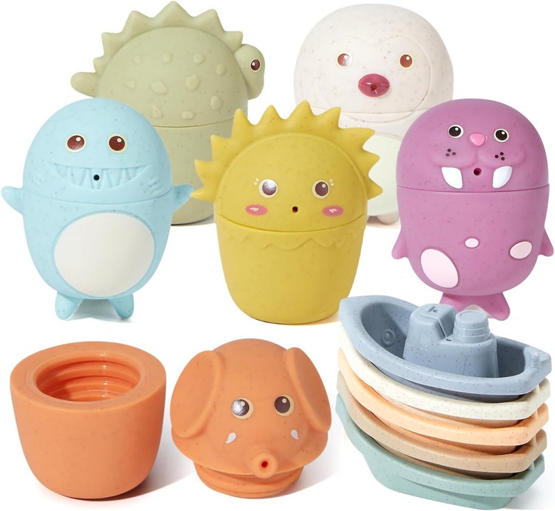 AMCHSURI Silicone Bath Toys with Floating Boats for Toddlers 1-3, 11 PCS Mold Free Bathtub Toy Infants 6-12 Months, Eco-Friendly Non Toxic Water Table Toddler Birthday Gift Preschool Boys/Girls - Image 1
