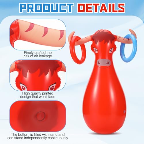 Arrowbash Inflatable Bull Ring Toss Set Include Inflatable Bull 6 Rings Farm Theme Party Supplies for Fiesta Rodeo Party Pool Beach Decoration - Image 4