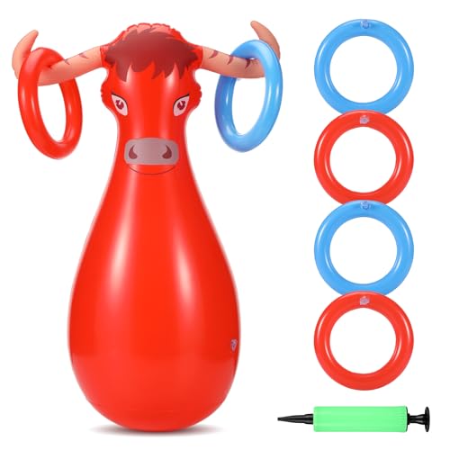 Arrowbash Inflatable Bull Ring Toss Set Include Inflatable Bull 6 Rings Farm Theme Party Supplies for Fiesta Rodeo Party Pool Beach Decoration - Image 1