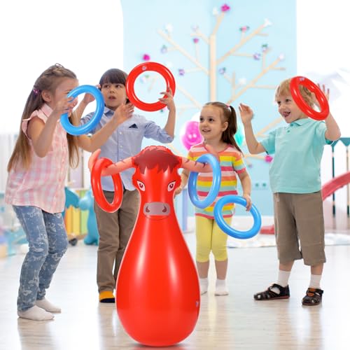 Arrowbash Inflatable Bull Ring Toss Set Include Inflatable Bull 6 Rings Farm Theme Party Supplies for Fiesta Rodeo Party Pool Beach Decoration - Image 5