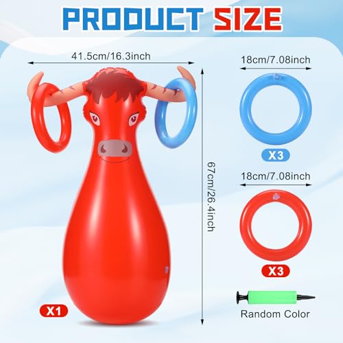 Arrowbash Inflatable Bull Ring Toss Set Include Inflatable Bull 6 Rings Farm Theme Party Supplies for Fiesta Rodeo Party Pool Beach Decoration - Image 2