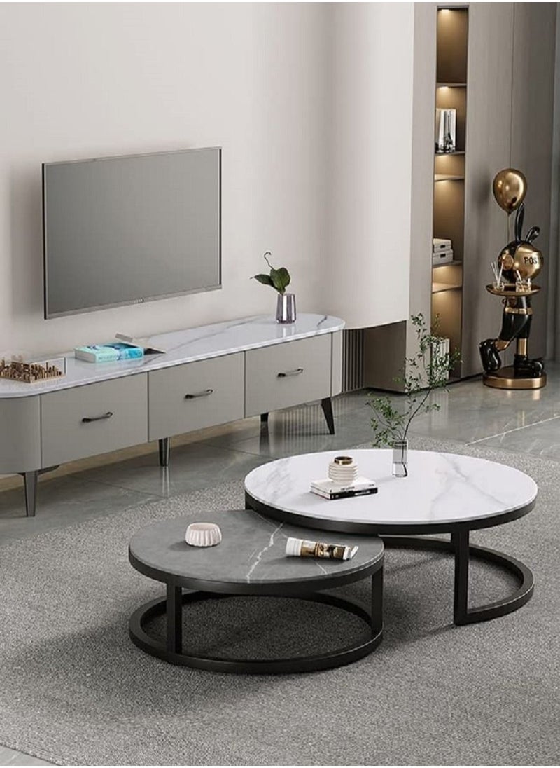 AGD - Modern Nesting Round Coffee Table Set of 2 Pieces for Living Room Balcony Garden Etc, Round Coffee Table with Solid Metal Frame - Image 1
