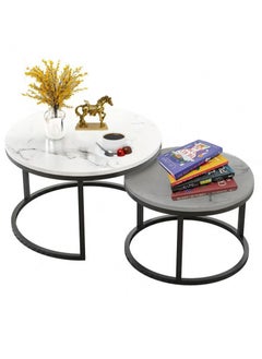 AGD Modern Nesting Round Coffee Table Set of 2 Pieces for Living Room Balcony Garden Etc, Round Coffee Table with Solid Metal Frame  - Image 1