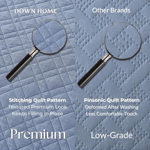DOWN HOME Queen Quilt Set with Shams Lightweight Quilted Bedspread Coverlet Thin Comforter Bed Cover Vintage Washed Quilted Blanket for All Season, Brushed Microfiber Diamond Stitching, Blue, 88"x92" - Image 3