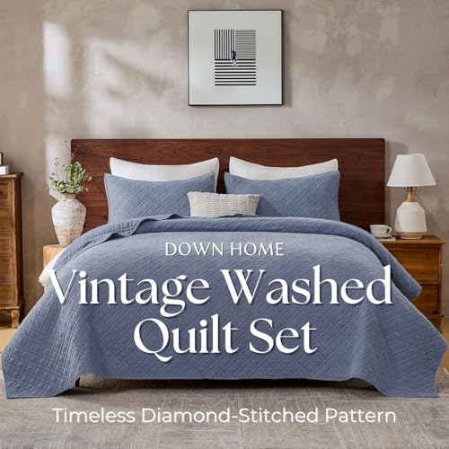 DOWN HOME Queen Quilt Set with Shams Lightweight Quilted Bedspread Coverlet Thin Comforter Bed Cover Vintage Washed Quilted Blanket for All Season, Brushed Microfiber Diamond Stitching, Blue, 88"x92" - Image 2