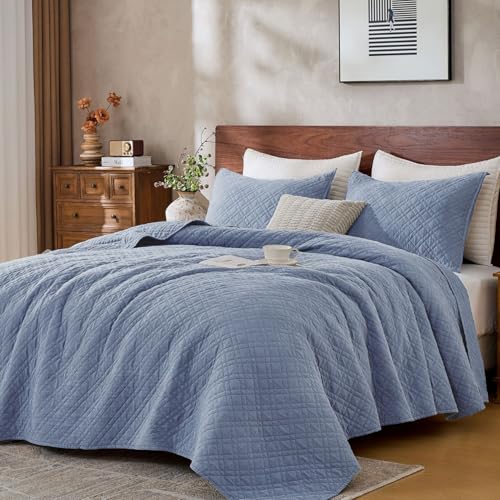 DOWN HOME Queen Quilt Set with Shams Lightweight Quilted Bedspread Coverlet Thin Comforter Bed Cover Vintage Washed Quilted Blanket for All Season, Brushed Microfiber Diamond Stitching, Blue, 88"x92" - Image 1