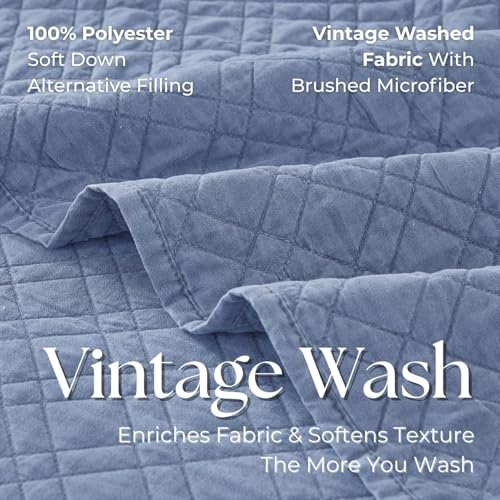 DOWN HOME Queen Quilt Set with Shams Lightweight Quilted Bedspread Coverlet Thin Comforter Bed Cover Vintage Washed Quilted Blanket for All Season, Brushed Microfiber Diamond Stitching, Blue, 88"x92" - Image 4