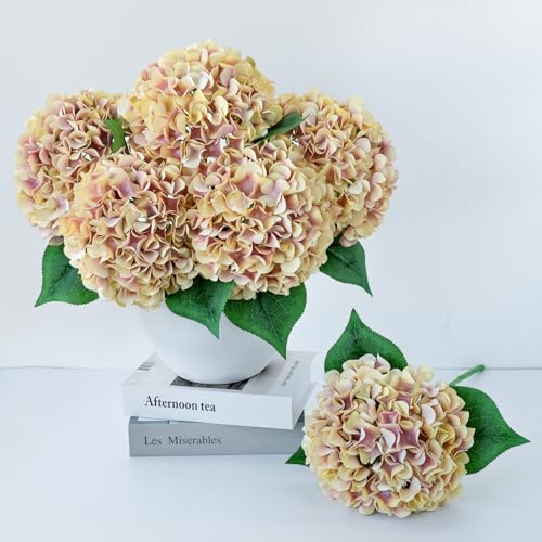 ZYTUYO 5 Pcs Champagne Mauve Silk Hydrangeas Artificial Flower Boho Dried Touch 20 Faux Hydrangeas for Indoor Home Decor Kitchen Living Room Outdoor Porch Wedding Flower Arrangement - Image 1