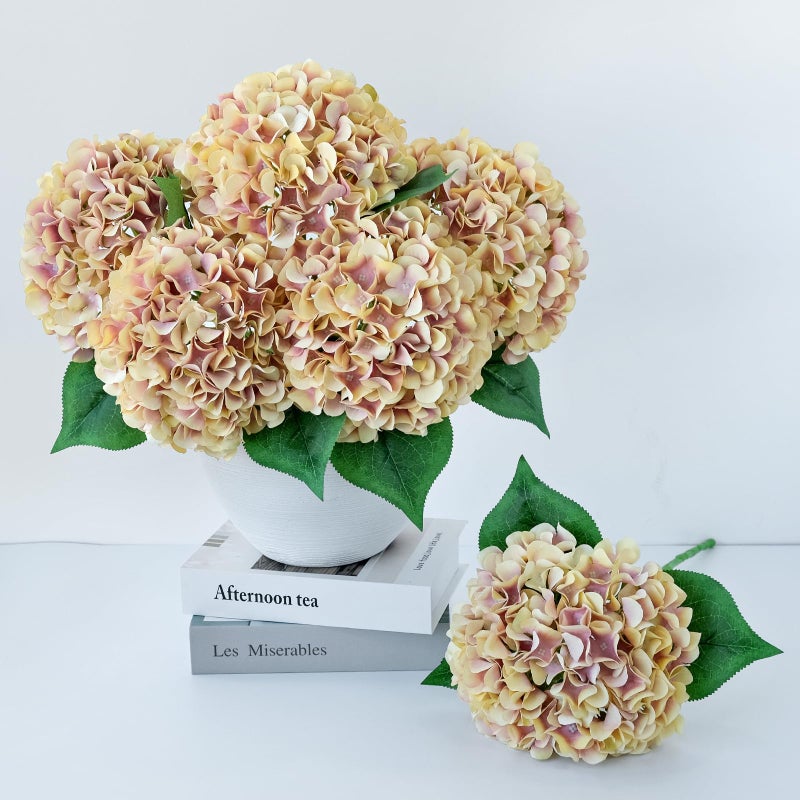 ZYTUYO 5 Pcs Champagne Mauve Silk Hydrangeas Artificial Flower Boho Dried Touch 20 Faux Hydrangeas for Indoor Home Decor Kitchen Living Room Outdoor Porch Wedding Flower Arrangement - Image 2