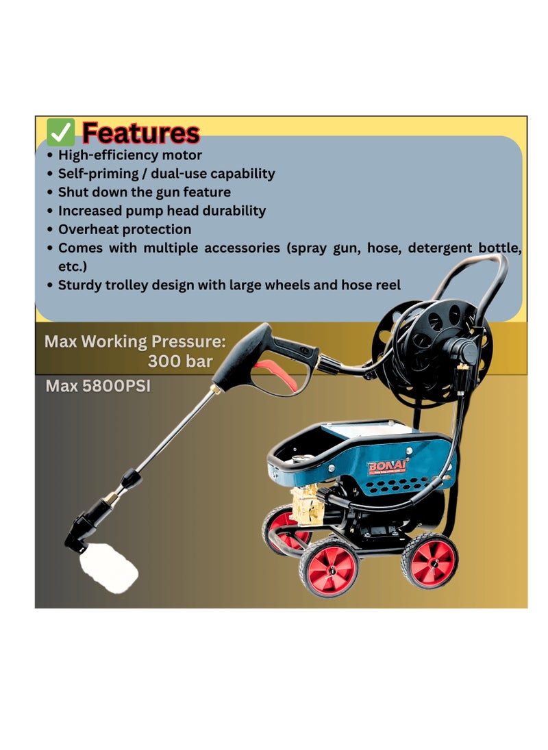BONAI BONAI Electric Pressure Washer 3000W, 5800 PSI, Self-Priming Car Washer with Spray Gun, Detergent Tank, Hose & Reel – High Flow Power Washer for Car, Patio, Driveway, Garden  - Image 2