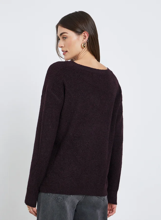 Styli Styli Burgundy V-Neck Knitted Sweater