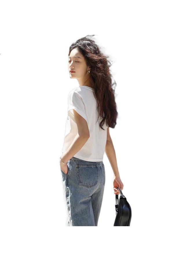 dme "Youthful Short Sleeve" Summer Round Neck Off-Shoulder Sleeve Printed Pleated Waist T-Shirt For Women - Image 3