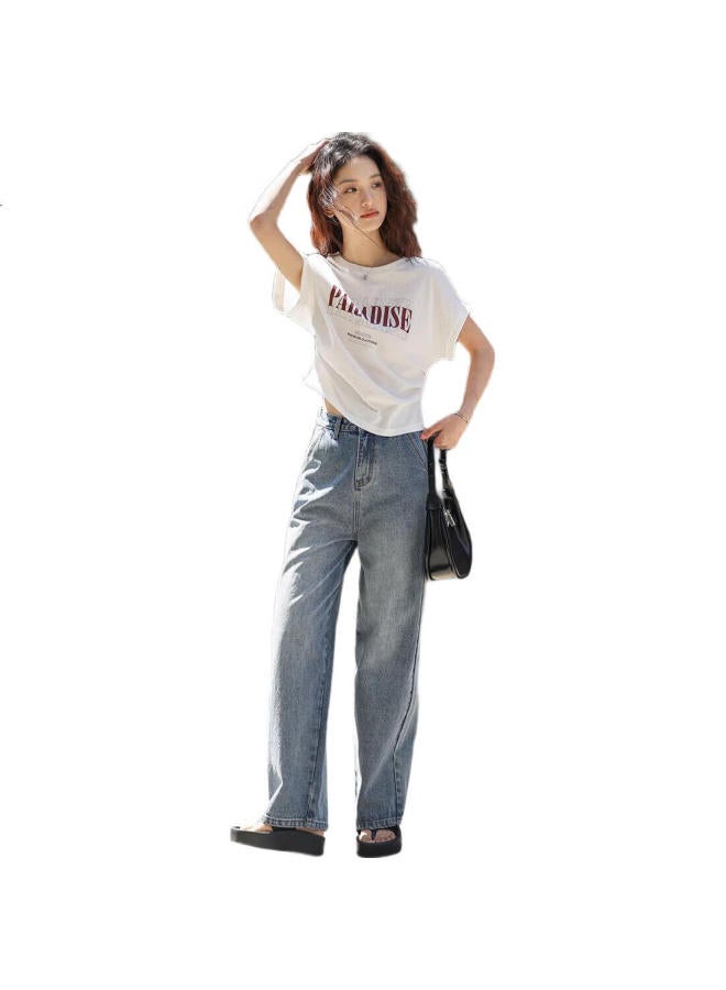 dme "Youthful Short Sleeve" Summer Round Neck Off-Shoulder Sleeve Printed Pleated Waist T-Shirt For Women - Image 2