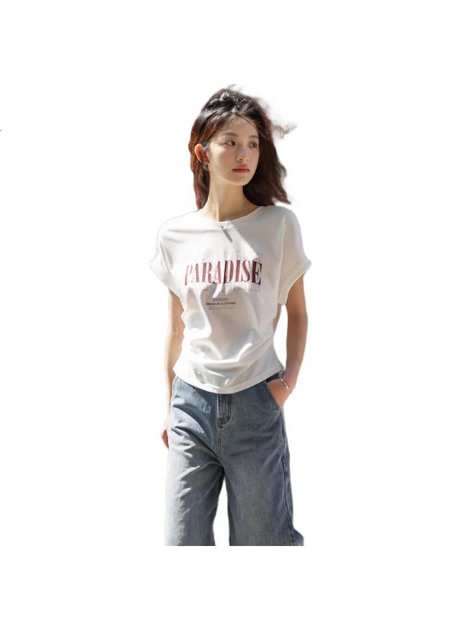 dme "Youthful Short Sleeve" Summer Round Neck Off-Shoulder Sleeve Printed Pleated Waist T-Shirt For Women - Image 1