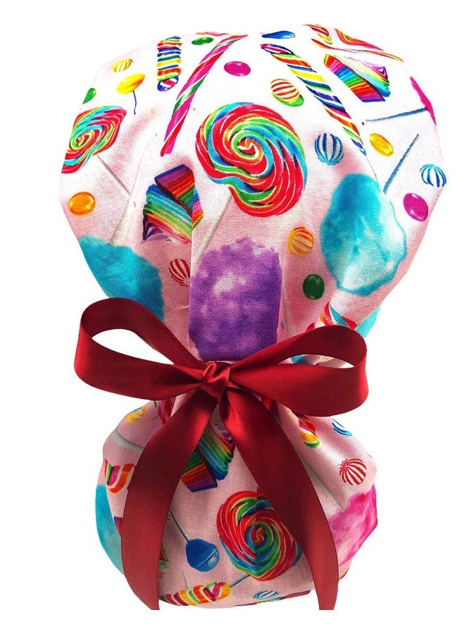 Generic Ponytail scrub caps, candy cane and cup cakes surgical cap. Select your ribbon tie backs from 6 color options! - Image 1