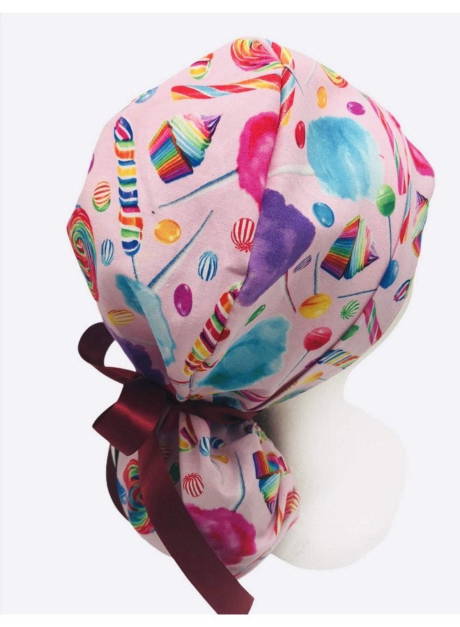 Generic Ponytail scrub caps, candy cane and cup cakes surgical cap. Select your ribbon tie backs from 6 color options! - Image 3