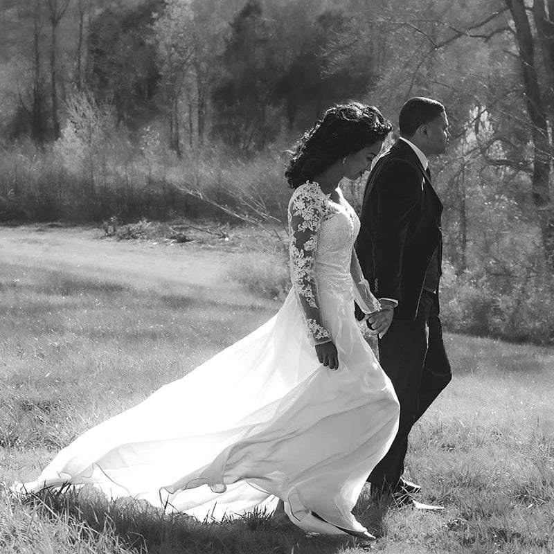 Findlovewedding فستان زفاف Findlovewedding للعروس مع تطبيقات الدانتيل فستان شيفون A Line للنساء بأكمام طويلة فستان عروس شاطئي US 8 أبيض مائل إلى البياض - Image 4