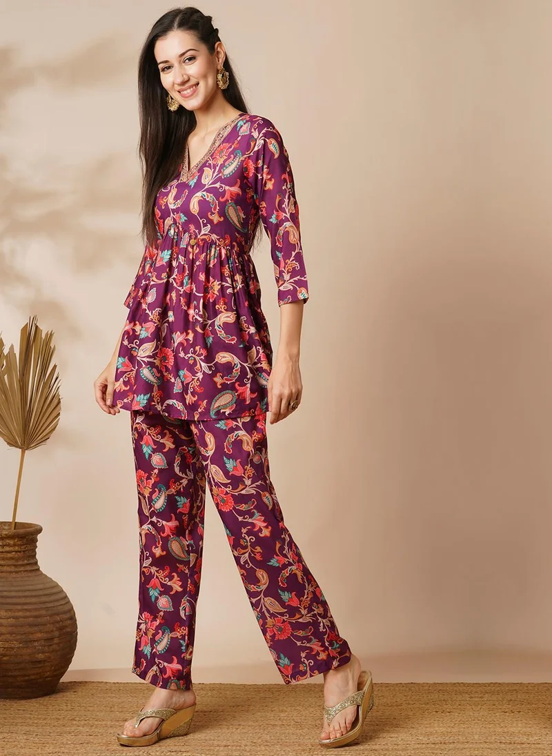 Globus  Globus Women Burgundy Embroidered Jaal Tunic Set With Pants for Women | Best Price UAE