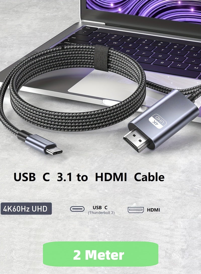 شيكسين كابل نقل عالي الدقة 4K بمعدل 60 هرتز من النوع C إلى HDMI بطول 2 متر، محول USB 3.1 من النوع C Thunderbolt 3 إلى HDMI بمعدل 4K بمعدل 60 هرتز - Image 1