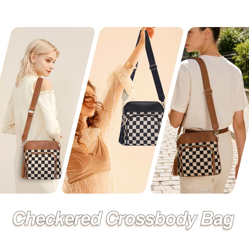 idoltimes Checkered Crossbody Bag for Women,Brown Checkered Purse with Leather Tassel,Plaid Cross Body Bags Shoulder Handbags - Image 2