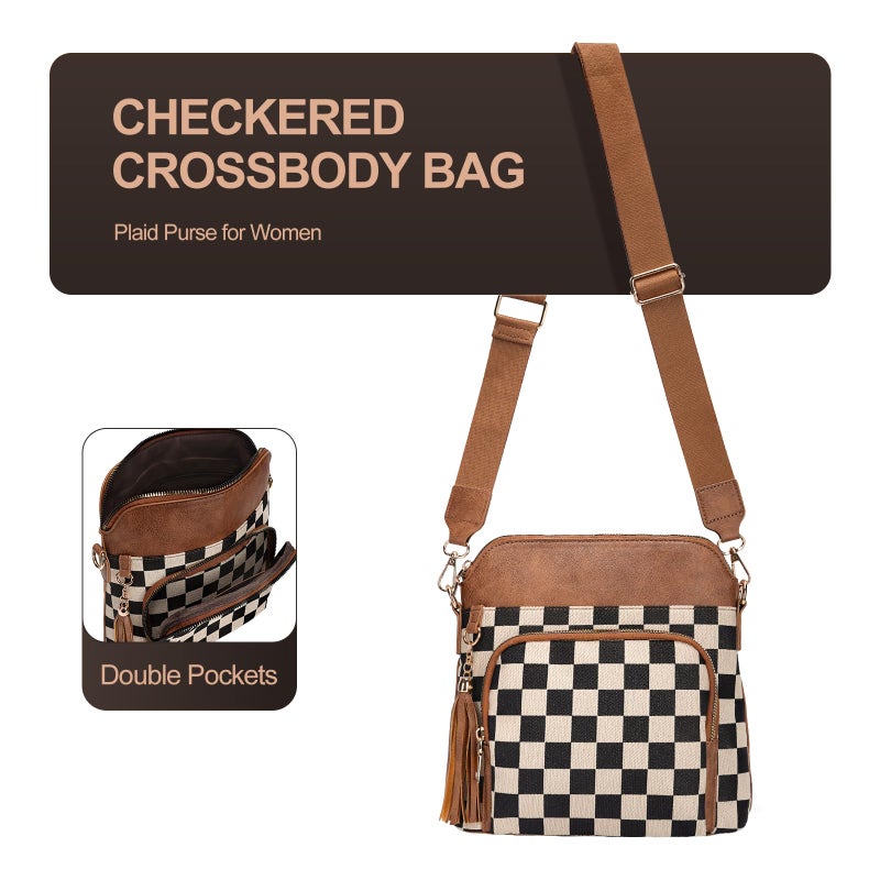 idoltimes Checkered Crossbody Bag for Women,Brown Checkered Purse with Leather Tassel,Plaid Cross Body Bags Shoulder Handbags - Image 5