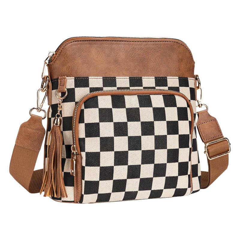 idoltimes Checkered Crossbody Bag for Women,Brown Checkered Purse with Leather Tassel,Plaid Cross Body Bags Shoulder Handbags - Image 1