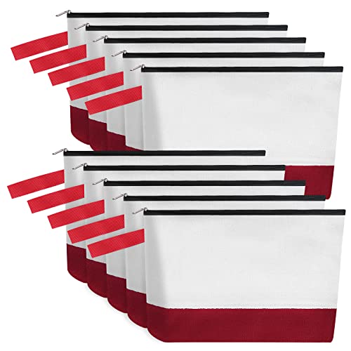 Sinzip 10 Pieces Cotton Canvas Makeup Bag with Bottom and Strap MultiPurpose Cosmetic Bag with Zipper Travel Toiletry Pouch Blank DIY Craft Bag WhiteRed L - Image 1