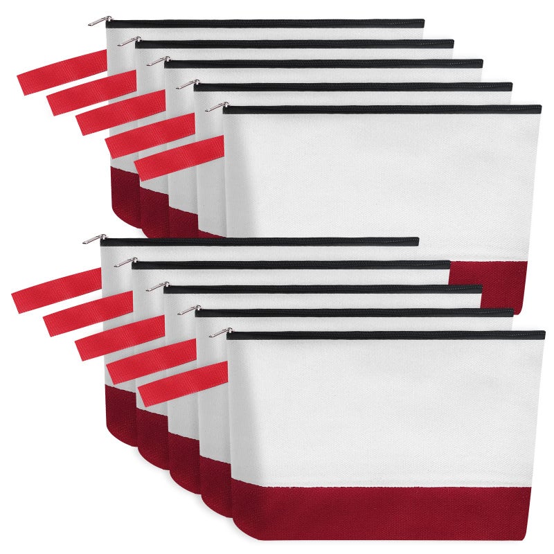 Sinzip 10 Pieces Cotton Canvas Makeup Bag with Bottom and Strap MultiPurpose Cosmetic Bag with Zipper Travel Toiletry Pouch Blank DIY Craft Bag WhiteRed L - Image 2