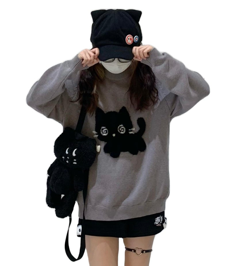 Dynict Y2K Kawaii Knit Cute Cat Print Casual Long Sleeve Crew Neck Oversize Pullovers Sweaters for Women (Grey,Large) - Image 1