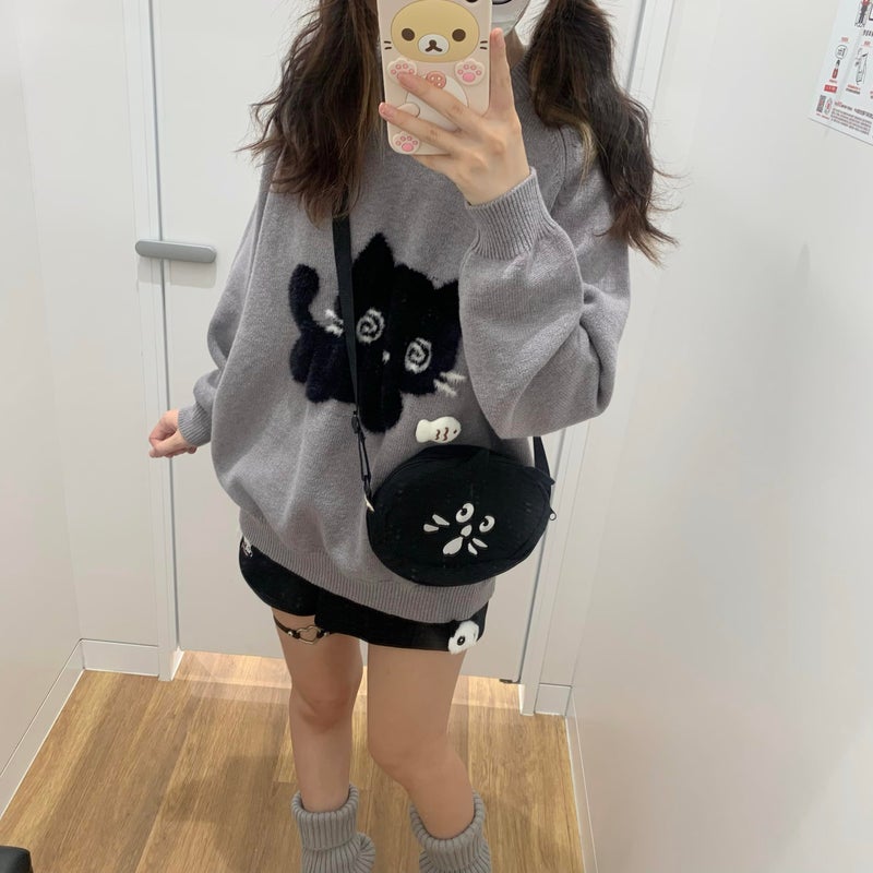 Dynict Y2K Kawaii Knit Cute Cat Print Casual Long Sleeve Crew Neck Oversize Pullovers Sweaters for Women (Grey,Large) - Image 2