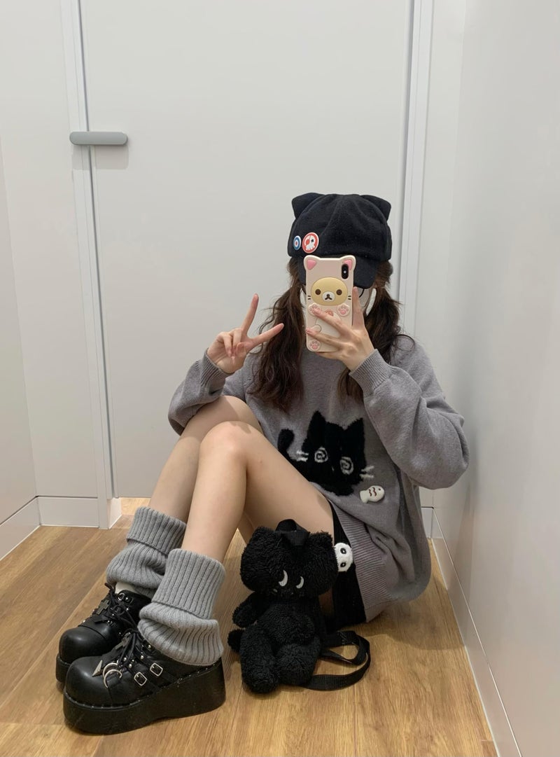 Dynict Y2K Kawaii Knit Cute Cat Print Casual Long Sleeve Crew Neck Oversize Pullovers Sweaters for Women (Grey,Large) - Image 4