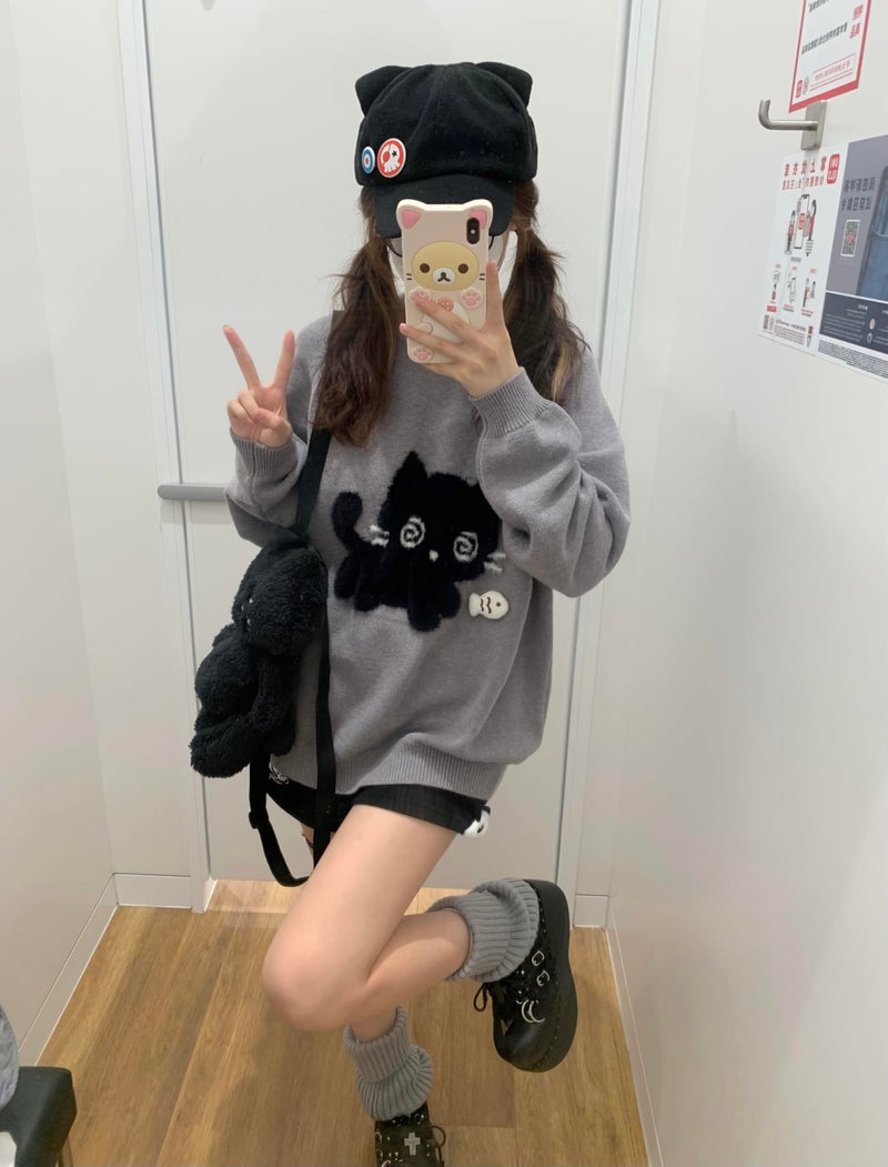 Dynict Y2K Kawaii Knit Cute Cat Print Casual Long Sleeve Crew Neck Oversize Pullovers Sweaters for Women (Grey,Large) - Image 5