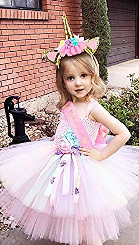 FAVELA Unicorn Headband With Pink Satin Sash Girls Happy Birthday Decoration for Girls | Cute Unicorn Hairband with Cat Ears and Flowers | Small Kids Hair Accessories Set Ideal for Party - Image 5