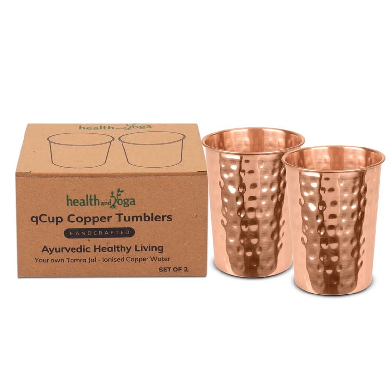 SoulGenie HealthAndYogaâ„¢ qCup Pure Copper Tumblers for Drinking - Ayurvedic Health Pure Copper Cups â€“ 2 pcs. set - 250 ml.(8 fl oz) (Hammered) - Image 1