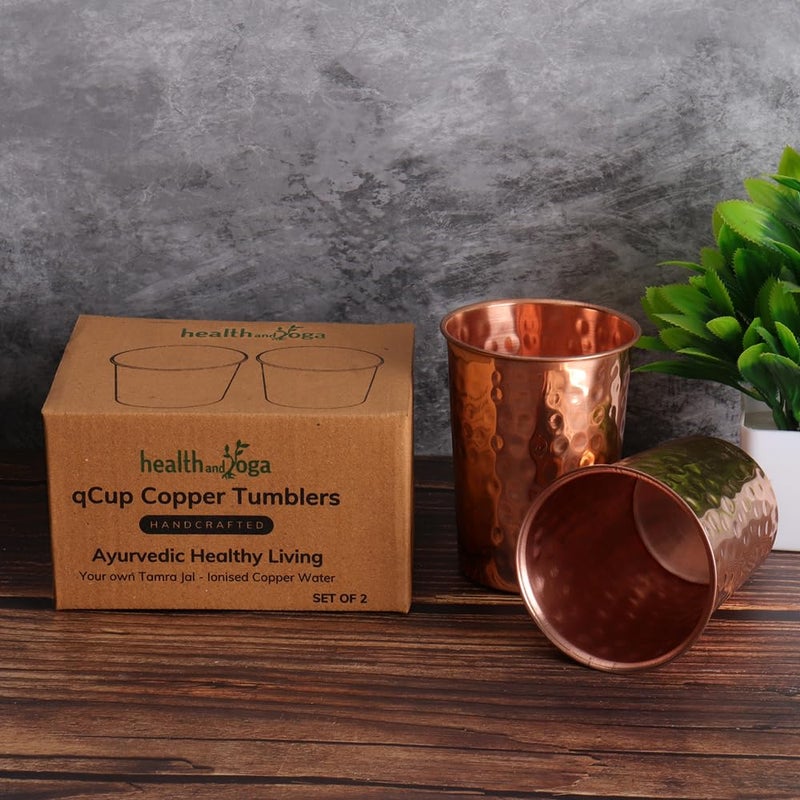 SoulGenie HealthAndYogaâ„¢ qCup Pure Copper Tumblers for Drinking - Ayurvedic Health Pure Copper Cups â€“ 2 pcs. set - 250 ml.(8 fl oz) (Hammered) - Image 5