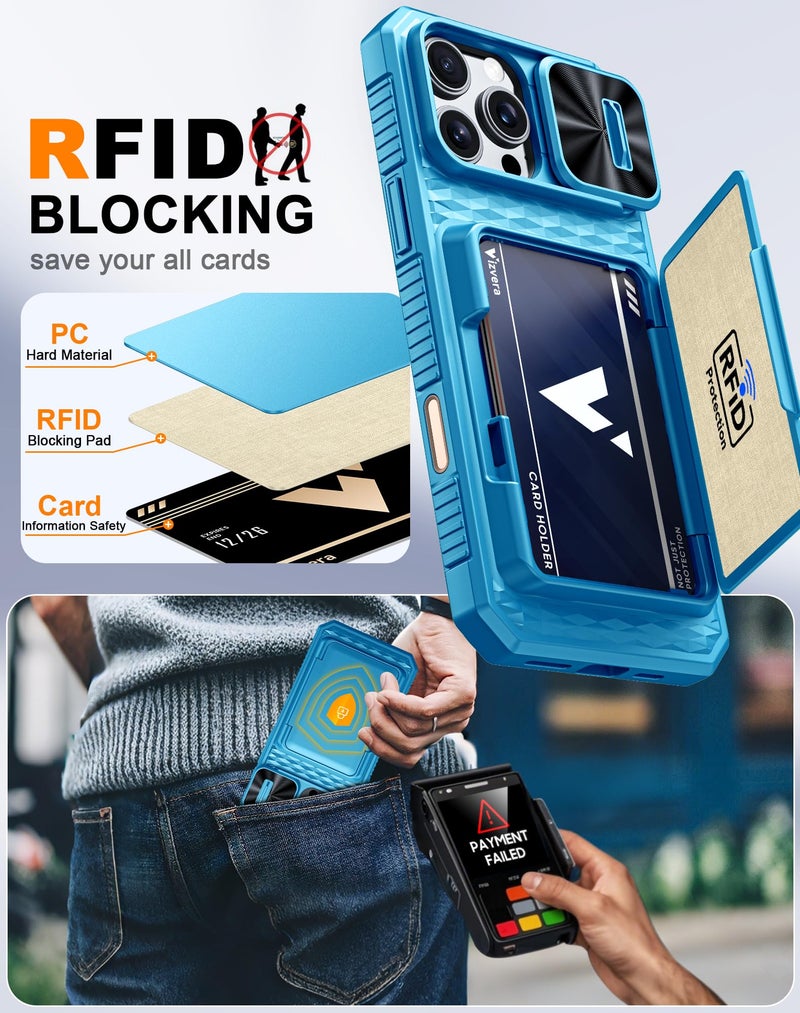 Vizvera for iPhone 16 Pro Max Case Wallet RFID [Cards Holder][Camera Control][Camera Cover] Full Body Rugged Shockproof Silicone Protective Phone Case for iPhone 16 Pro Max 6.9"(Lake Blue) - Image 2